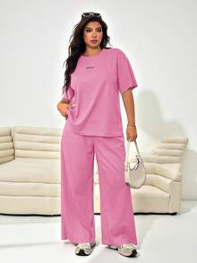 Solflare Conjunto informal de 2 piezas de cárdigan de punto texturizado talla grande + pantalones sueltos - Rosa Fucsia - Ver 3