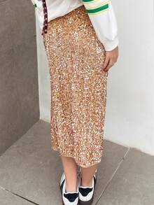 Hitanina 时尚亮片开衩半身裙，适合新年女士穿着 - 卡其色 - 查看 5