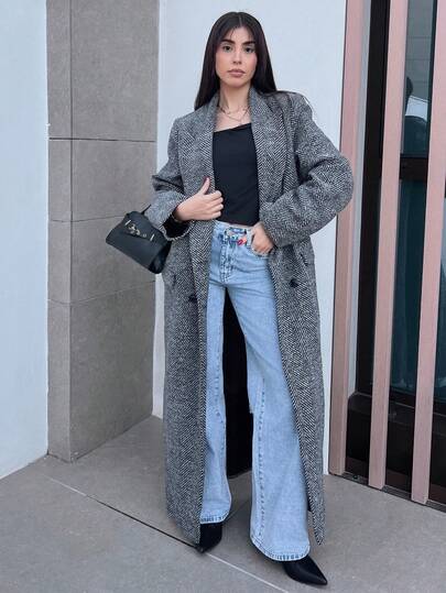 Hitanina Women's Herringbone Pattern Lapel Collar Long Sleeve Long Overcoat, Autumn/Winter Casual