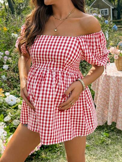 SHEIN Pregnant Women's Plaid Ruched Casual Versatile Daily Wear Petal Sleeve Shirt