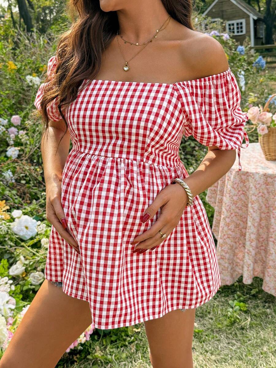 SHEIN 孕妇格子褶皱休闲百搭日常穿搭花瓣袖衬衫 - 紅色 - 查看 1