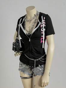 SHEIN DivaQ 女士时尚印花黑色短袖卫衣 - 黑色 - 查看 4