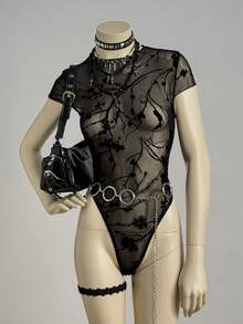 EgrlEra Women's Sexy Bodysuit In Flocked Fabric - Black - View 1