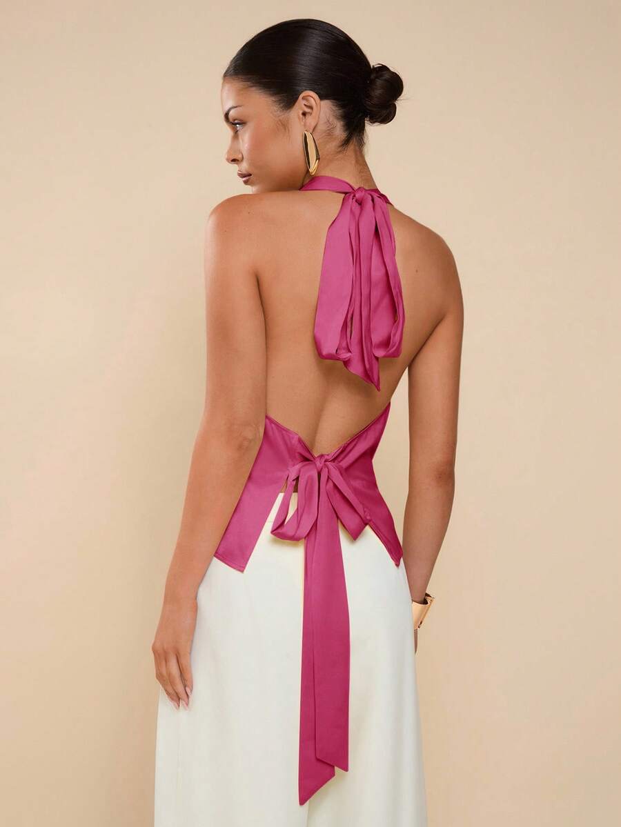 COSMINA Blusa de mujer de unicolor con diseño de nudo en el frente y cuello halter, versátil y sexy - Rosa Fucsia - Ver 1