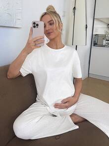 SHEIN 2件套孕妇休闲波点印花圆领落肩上衣和裤子套装，夏季 - 彩色 - 查看 6