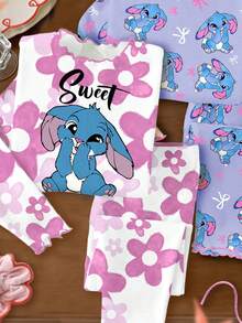 SHEIN LMoss Kids 少女可爱卡通蓝色兔子图案芭蕾舞风格睡衣套装，渐变花卉印花，粉色蝴蝶结印花，长袖长裤多件套，适合夏季、秋季、冬季休闲校园运动风、户外野餐、郊游、街头风、居家、上学等场合。 - 彩色 - 查看 3