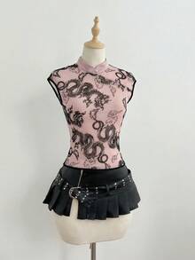 Elamini Elegant Luxury Women's Chinese Dragon Print Cap Sleeve Top - Pink - View 5