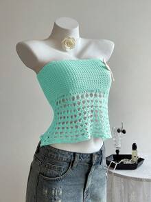 Elamini Floral Hollow-Out Knit Crop Top, Sexy Beach Vacation Style - Green - View 4
