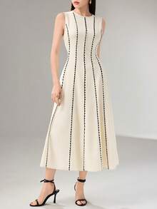 Heiryn 女士优雅无袖中长连衣裙，撞色滚边和收腰设计 - 彩色 - 查看 4