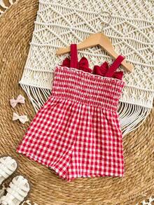 SHEIN LMoss Kids 女婴可爱休闲红白格子草莓图案蝴蝶结装饰连体衣 - 彩色 - 查看 10