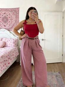 SHEIN MOD Quần ống rộng cạp cao họa tiết kẻ caro đỏ cổ điển cỡ lớn, trang phục công sở/đi làm thanh lịch - Màu Đỏ Sâu - Xem 5