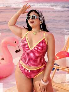 Swim Mod Bikini Wanita Ukuran Besar 2 Potong Motif Geometris Motif Flapper Musim Panas 1920-an Warna Kuning untuk Liburan Pantai, Pinggang Tinggi, Potongan Tinggi, dan Potongan Sederhana dengan Pita dan Potongan Tinggi. - Merah - View 3