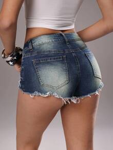 TRNVIE Fashionable Casual Retro Distressed Low Waist Denim Shorts - Medium Wash - View 2