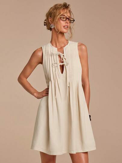 COSMINA Women's Sleeveless Ruched Tie Waist Denim Dress, Casual Summer Outfit, Apricot Denim Dress, Loose Fit