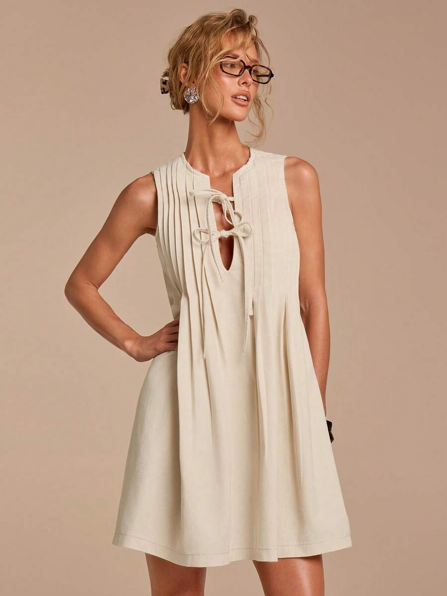 COSMINA Women's Sleeveless Ruched Tie Waist Denim Dress, Casual Summer Outfit, Apricot Denim Dress, Loose Fit - Apricot - View 1