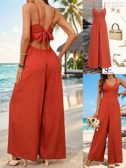 Ellevyn Salopetă de damă cu decolteu în V, spate fără fundă, culoare uni, amestec de fibră de bambus și in, confortabilă, stil resort de primăvară/vară