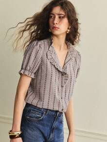 Écloséra Blusa elegante y versátil de manga corta con cuello de volantes, contraste de color, bordado y estampado de cuadros vintage para uso diario y casual, primavera/verano - Caqui - Ver 4