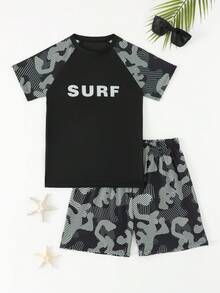 Boys' Printed Short Sleeve Rash Guard & Swim Trunks 2-Piece Swimsuit - Multicolor - View 4