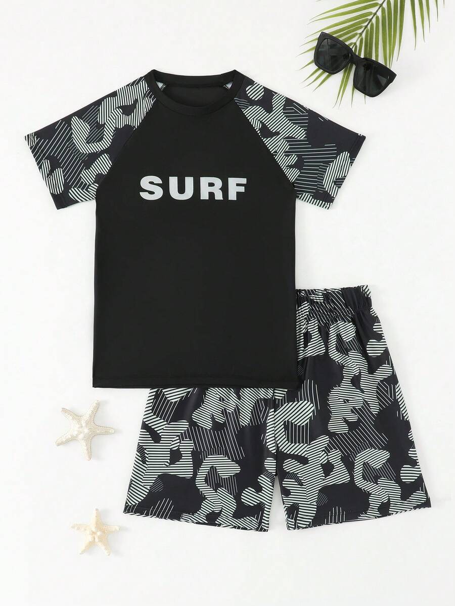 Boys' Printed Short Sleeve Rash Guard & Swim Trunks 2-Piece Swimsuit - Multicolor - View 1