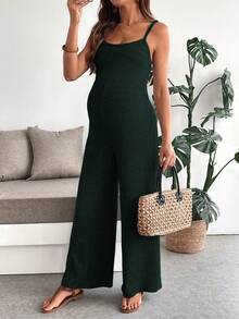 SHEIN Pregnant Women's Solid Color Ribbed Casual Everyday Jumpsuit With Wide Leg - Army Green - View 4