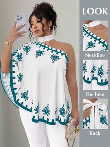 SHEIN Elenzya 大码不对称肩部系带印花衬衫 - 青檸色 - 查看 1