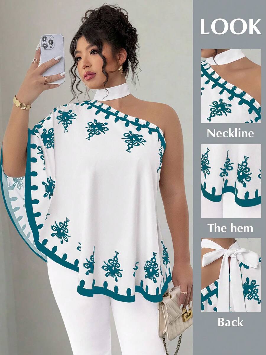 SHEIN Elenzya 大码不对称肩部系带印花衬衫 - 青檸色 - 查看 1