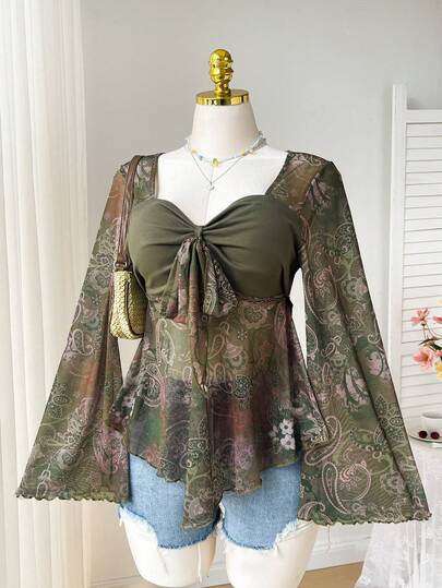 Comfortcana Plus Size Women Bohemian Vintage Floral Print Flare Sleeve Ruffle Hem Blouse, Spring/Summer Boho Blouses Vintage Tops Women