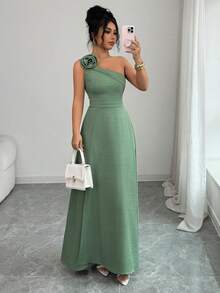 Elenzga Đầm nữ màu xanh lá cây họa tiết hoa, dây đeo vai, hở lưng, eo điều chỉnh được, dáng chữ A, xẻ tà, thanh lịch kiểu Pháp lãng mạn, nữ tính, cổ điển, đa năng, thích hợp đi làm, công sở, đi biển, dự tiệc, mùa xuân/hè. - màu xanh lá - Xem 5