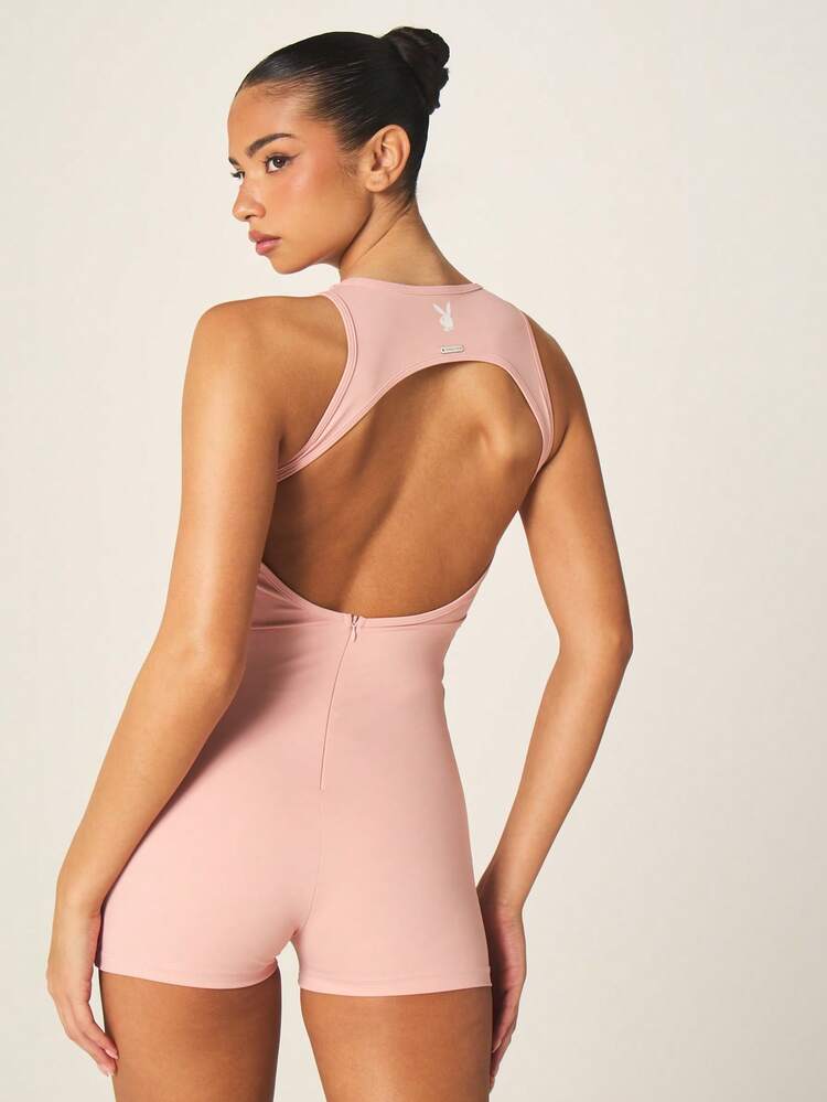 Missguided x Playboy Logo Cut Out Back Athletic Jumpsuit With Racerback Design Short Romper For Summer Activewear Casual Outfits
