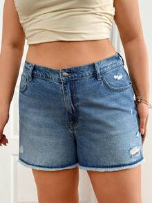 SHEIN Große Größen Sommer Lässig washed Destroyed Denim-Shorts - Mittele Waschung - Übersicht 1