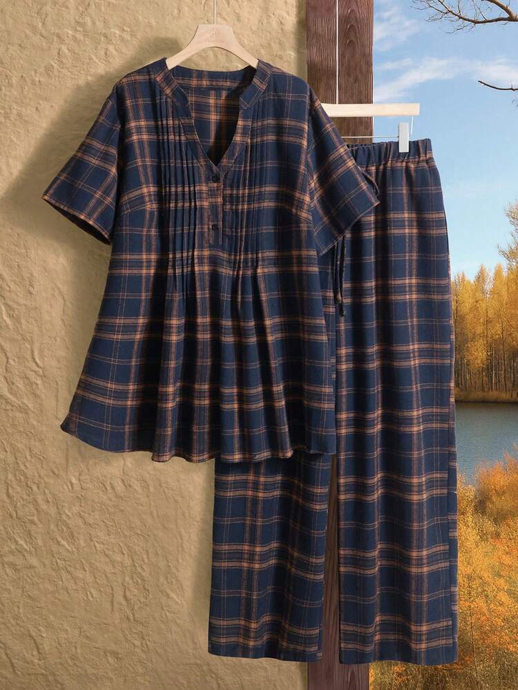 Plus Size Women Plaid V-Neck Ruched Short Sleeve Top And Drawstring Waist Wide Leg Pants Casual 2 Piece Set\Summer\Vacation  Summer Outfits Summer Clothes  Spring  Spring Outfit Women Spring Clothes Country Style For Women