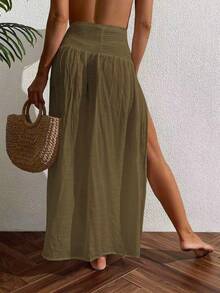 Swim Vcay Váy maxi mùa hè dành cho nữ, màu trơn, xẻ tà bên hông, thích hợp mặc đi biển. - Màu nâu  Mocha - Xem 2