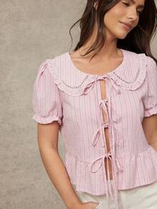 WESTFADE Peter Pan Collar Tie Front Ruffle Peplum Striped Top - Pink - View 5