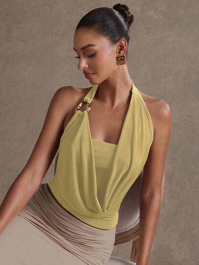 L'Amorae Blusa de verano para mujer con cuello asimétrico, decoración de anillo redondo y espalda descubierta