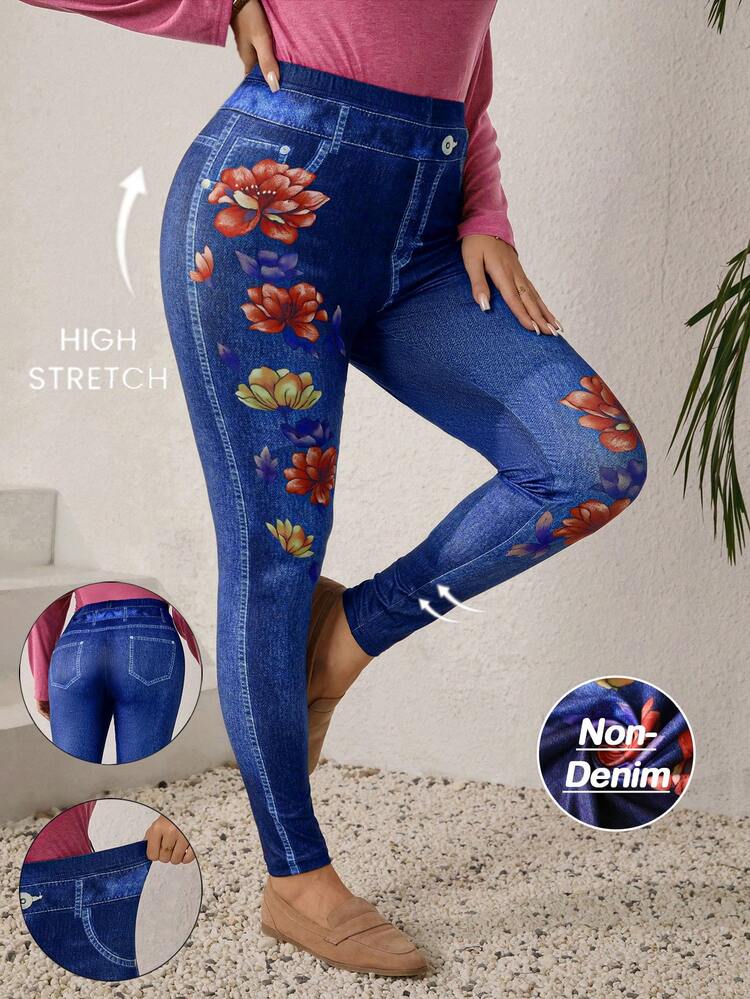 Plus Size Women's Summer Casual Vacation Casual Fashion Vacation Floral Print High Stretch Faux Denim Print Leggings,Spring Break Outfits ,Vacation Outfits Women ,Holiday Outfits For Women,Going Out Outfits,2026 New Clothes,Simple And Fashionable For Everyday Wear