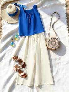 Franclia 女士优雅休闲克莱因蓝色背心和阔腿裤两件套 - 藍色 - 查看 3