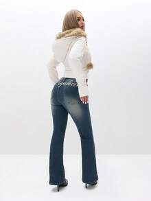 BABYPHAT 仿毛皮连帽拉链卫衣，饰有绒球和刺绣文字设计，适合冬季休闲穿着 - 白色 - 查看 7