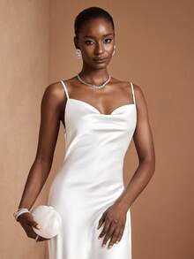 JIAN LASALA 优雅白色缎面吊带垂领无袖美人鱼长裙，适合婚礼派对和婚礼宾客穿着。 - 白色 - 查看 7
