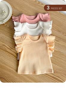 3pcs Newborn Baby Girl Cute Casual Versatile Solid Color Ruffle Trim Knit Top Set - White - View 9