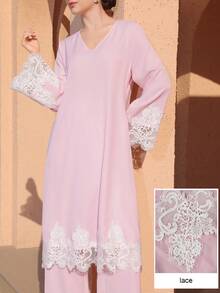 Graceveil Lace Patchwork V-Neck Loose Aging-Reducing Long Top & Straight Leg Pants Women's Elegant Pink 2-Piece Set - Pink - View 4