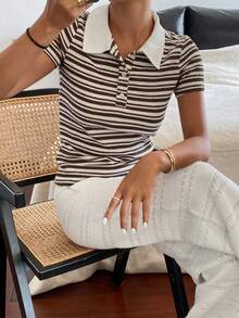 DAZY 女士半拉链插肩短袖休闲条纹T恤，夏季 - 白色 - 查看 5