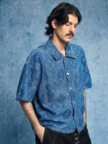 ROMWE MEN Grunge Punk Men's Turndown Collar Single-Breasted Pocket Casual Everyday Denim Short Sleeve Shirt - Blue - View 5