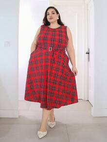 Pretty and Ole Vestido xadrez vintage elegante plus size feminino com bolsos e cinto, vestido longo casual para festa de fim de ano para Natal e Ano Novo, roupas de inverno para mulheres, traje de Natal para mulheres, roupas de Natal para mulheres, vestido de inverno, vestido de Natal feminino, vestido de ano novo, vestidos elegantes para mulheres, vestido de festa de Natal, vestidos de festa elegantes, vestidos elegantes para festa, vestido vermelho, traje de Ação de Graças para mulheres, roupas de ano novo - Vermelho - Ver 5
