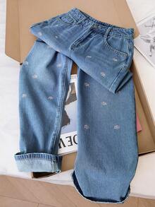 GlowEve Casual Washed Ditsy Floral Embroidered Wide-Leg Jeans - Blue - View 1