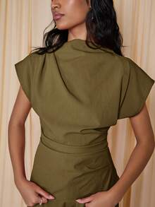 COSMINA Women's Solid Color Mandarin Collar Batwing Short Sleeve Pleated Fashionable Blouse,Summer Top - Army Green - View 4