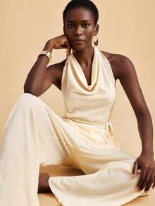 Travachic 2pcs/Set Halter Neck Draped Backless Top & Pants - Apricot - View 1