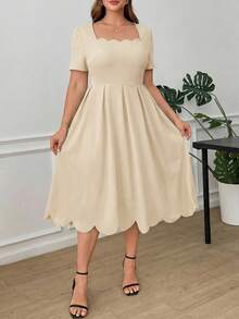 Ellevyn Plus Size Elegant Women Dress With Square Neckline And Shell Trim - Apricot - View 3