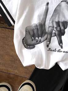 两件套少女休闲简约黑白洛杉矶手势印花短袖宽松T恤和打底裤，街头风，朋克风，适合夏季 - 彩色 - 查看 6