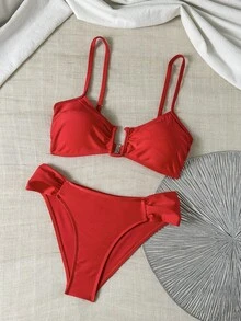 Swim Chiccia 新款夏季U型钢圈比基尼，优雅性感两件式泳衣套装，配有可调节细肩带和高腰拼接设计，适合度假海滩穿着 - 紅色 - 查看 6
