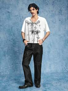 ROMWE MEN Goth Camiseta blanca de manga corta con cuello en V y estampado de cruz para hombres - Blanco y Negro - Ver 7